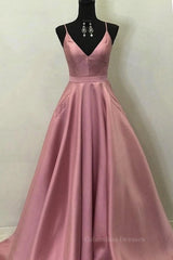 Party Dress Sleeve, A Line V Neck Open Back Pink Satin Long Prom Dresses, Open Back Pink Formal Graduation Evening Dresses