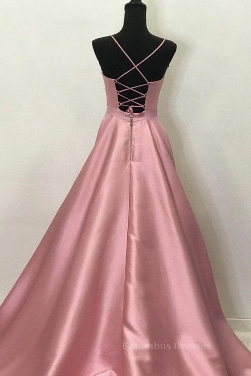 Party Dress With Sleeves, A Line V Neck Open Back Pink Satin Long Prom Dresses, Open Back Pink Formal Graduation Evening Dresses