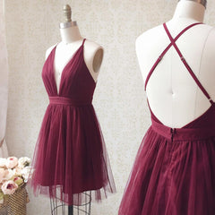 Prom Dress Uk, A Line V Neck Short Burgundy Backless Prom Dresses, Short Burgundy Backless Formal Homecoming Dresses