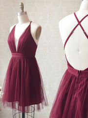 Prom Dresse 2029, A Line V Neck Short Burgundy Backless Prom Dresses, Short Burgundy Backless Formal Homecoming Dresses