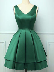 Prom Dresses Chiffon, A Line V Neck Short Green Satin Prom Dresses, Short Green Satin Homecoming Graduation Dresses