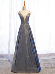 Evening Dress Yellow, A Line V Neck Silver Gray Long Prom Dresses, Gray Long Formal Evening Dresses