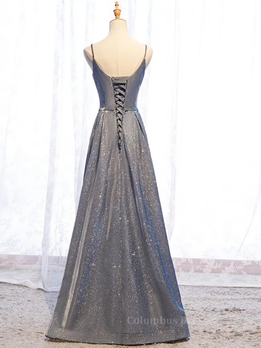 Evening Dress 1952S, A Line V Neck Silver Gray Long Prom Dresses, Gray Long Formal Evening Dresses