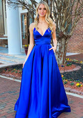 Prom Dress Uk, A-line V Neck Sleeveless Charmeuse Long/Floor-Length Prom Dress With Pockets