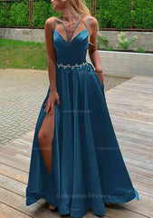 Senior Prom Dress, A-line V Neck Sleeveless Satin Sweep Train Prom Dress With Pockets Waistband Split