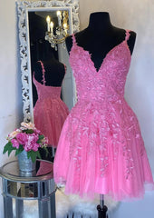 Evening Dresses V Neck, A-line V Neck Sleeveless Short/Mini Tulle Homecoming Dress with Appliqued Beading