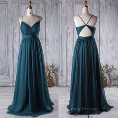 Party Dress Over 90, A Line V Neck Spaghetti Strap Peacock Blue Chiffon Long Prom Dress, V Neck Peacock Blue Formal Dress Graudation Evening Dress, Peacock Blue Bridesmaid Dress