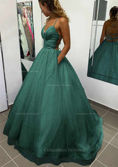 Formal Dress For Graduation, A-line V Neck Spaghetti Straps Long/Floor-Length Glitter Prom Dress With Pockets