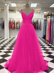 Prom Dresses Blue Light, A-line V-neck Sweep Train Tulle Dress