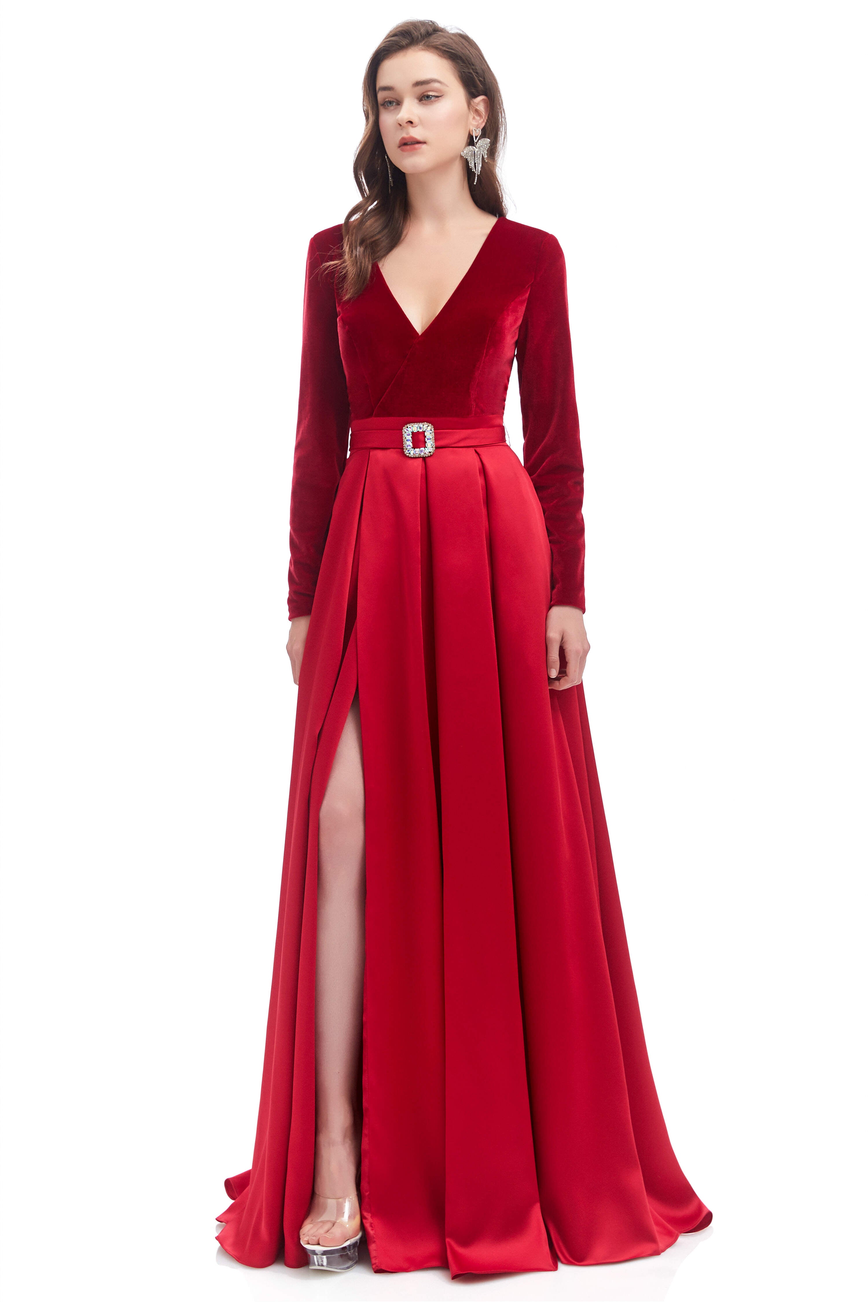 Prom Dresses Brand, A-line V Neck Velvet Long Prom Dresses