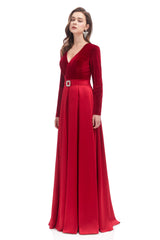 Prom Dress Brands, A-line V Neck Velvet Long Prom Dresses