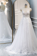 Wedding Dress Fittings, A Line V Neck White Lace Long Prom Dress, White Lace Wedding Dress, White Formal Evening Dress