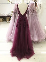 Wedding Dresses A Line, A-line V-neckline Flowers Tulle  Evening Dress Prom Dress, Long Wedding Party Dress