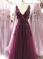 Wedding Dress Aesthetic, A-line V-neckline Flowers Tulle  Evening Dress Prom Dress, Long Wedding Party Dress