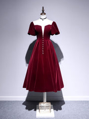 Bridesmaid Dress Gown, A line Velvet Tea Length Prom Dresses, Burgundy Velvet Bridesmaid Dresses