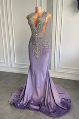 Lilac Mermaid Prom Dress with Scoop Neckline Sleeveless and Crystal Beadings