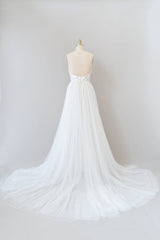 Wedding Dress For Fall Wedding, Amazing Long A-line Chapel Train Appliques Tulle Backless Wedding Dress