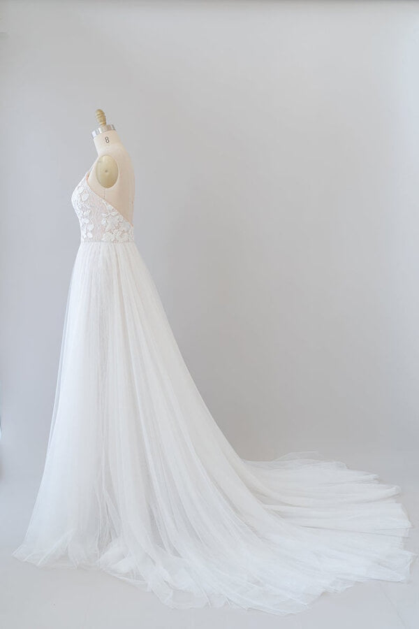 Wedding Dress Petite, Amazing Long A-line Chapel Train Appliques Tulle Backless Wedding Dress