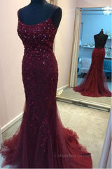 Homecoming Dresses For Kids, Backless Mermaid Beaded Maroon Lace Long Prom Dresses, Backless Burgundy Lace Formal Dresses, Burgundy Tulle Evening Dresses