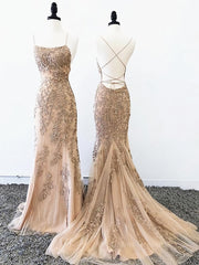 Prom Dresses 2056 Long, Backless Mermaid Champagne Lace Prom Dresses, Champagne Backless Mermaid Lace Formal Evening Dresses