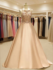 Prom Dresses Long Mermaid, Ball-Gown Bateau Beading Sweep Train Satin Dress