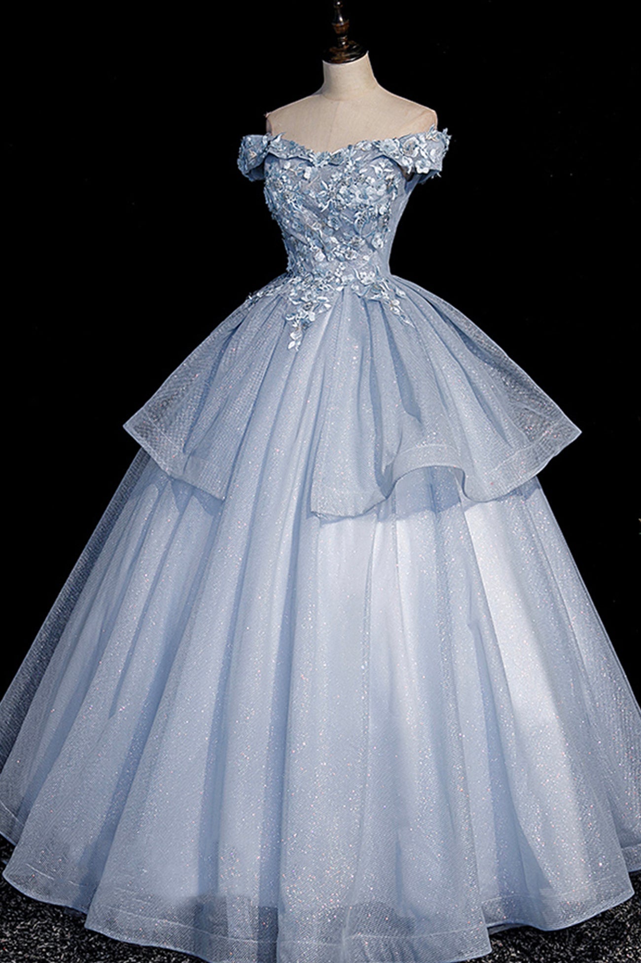 Prom Dresses Style, Ball Gown Blue Tulle Lace Long Party Dress, Off the Shoulder Evening Dress