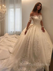 Wedding Dresses For, Ball Gown Off-the-Shoulder Cathedral Train Tulle Wedding Dresses With Appliques Lace