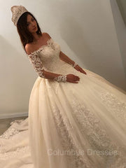 Wedding Dresses, Ball Gown Off-the-Shoulder Cathedral Train Tulle Wedding Dresses With Appliques Lace