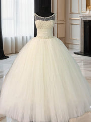 Wedding Dresses For Big Bust, Ball-Gown Scoop Beading Floor-Length Tulle Wedding Dress