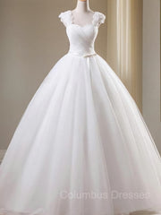 Wedding Dress Romantic, Ball Gown Sweetheart Floor-Length Tulle Wedding Dresses With Beading