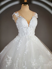 Wedding Dress Casual, Ball-Gown V-neck Court Train Tulle Wedding Dresses with Appliques Lace