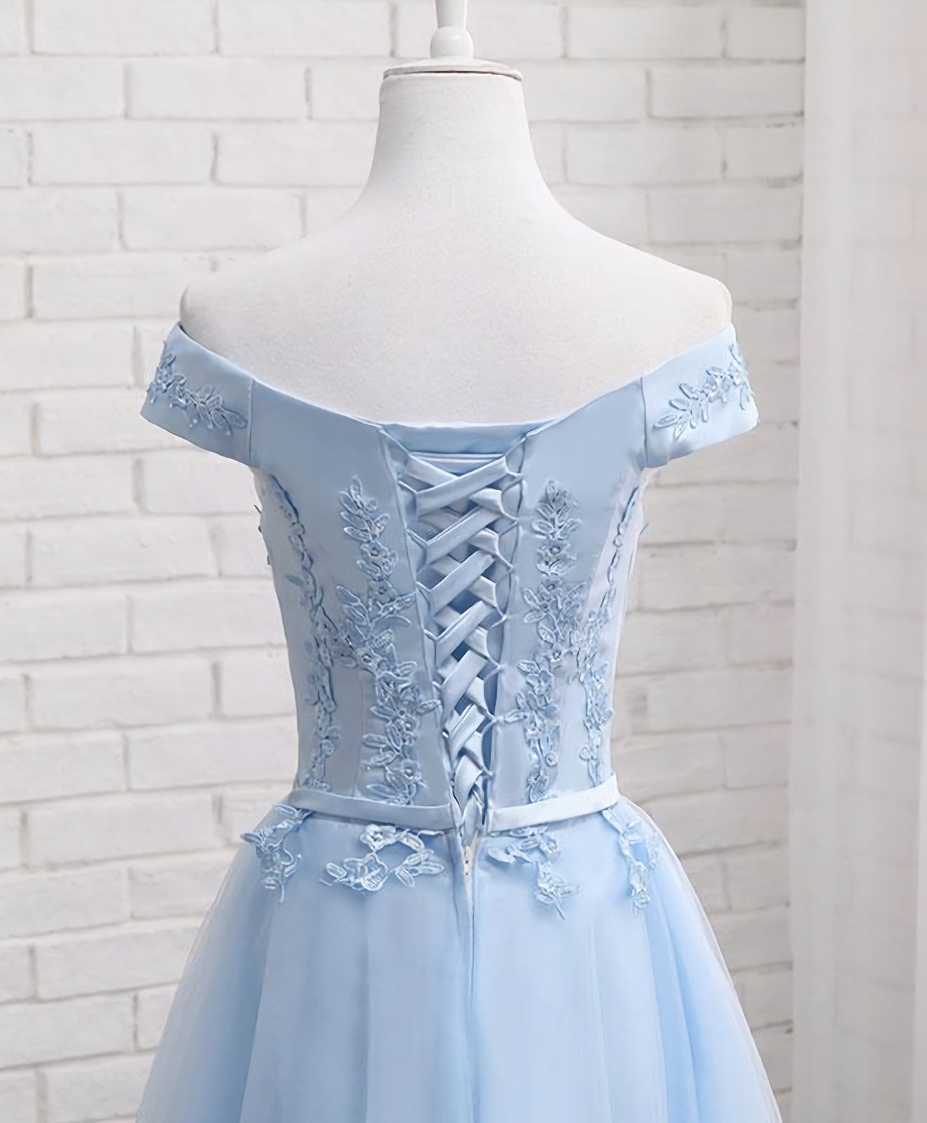 Beach Wedding, Sky Blue A Line Lace Off Shoulder Prom Dress, Lace Evening Dresses