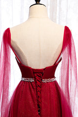 Burgundy Prom Dresses, Spagetti-Strap Sleeveless Prom Dress Tulle Ruffles with Beadings