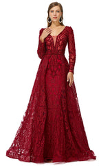 Champagne Prom Dress, Beaded Wine Red Long V neck Sleeves Prom Dresses