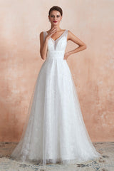 Wedding Dresses Dresses, Beading Pearls Lace Floor Length Straps V-Back Backless White A-Line Wedding Dresses