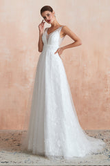 Wedding Dress With Straps, Beading Pearls Lace Floor Length Straps V-Back Backless White A-Line Wedding Dresses