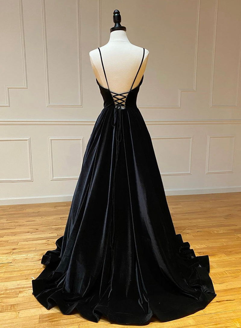 Prom Dresses For Short Girl, Black A-Line Velvet Long Prom Dresses, Black Evening Dresses