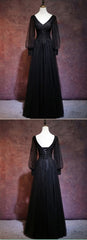 White Wedding, Black Long Sleeves V-neckline Evening Dress, Black Prom Dress