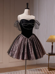 Formal Dress Wedding, Black Off Shoulder Tulle Short Prom Dress, Black Homecoming Dress