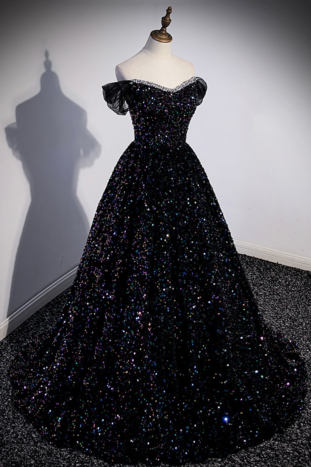 Wedding Inspiration, Black Off the Shoulder Beaded Long Formal Dress, Black Shiny Sequins Evening Dress