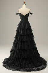 Black Off The Shoulder Tiered Prom Dress