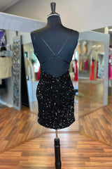 Wedding Dresses With Sleeve, Black Sequin V-Neck Backless Short Homecoming Dress Wedding