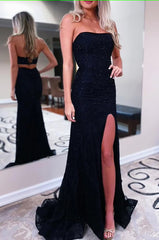 Black Sparkly Strapless Long Sheath Prom Dress with Slit