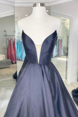 Homecoming Dresses Formal, Black Strapless Satin Long Prom Dress, Black A-Line Evening Dress