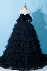 Graduation Dress, Black Tulle Layers Long Formal Dress, Black A-Line Strapless Evening Dress