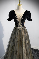 Summer Wedding Guest Dress, Black Tulle Sequins Long Prom Dress, Black A-Line Formal Evening Dress