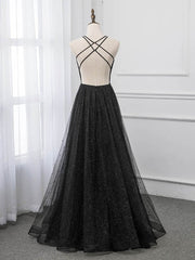 Gold Prom Dress, Black V-neckline Tulle and Satin Long Straps Cross Back Prom Dress, Floor Length Evening Dress