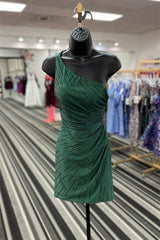 Homecoming Dresses 2039, Dark Green One Shoulder Beaded Satin Sheath Homecoming Dress