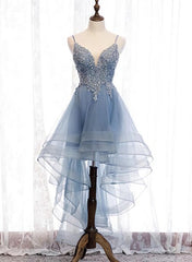 Formal Dresses Australia, Blue High Low Tulle V-neckline Straps Party Dress with Lace, Cute Homecoming Dress