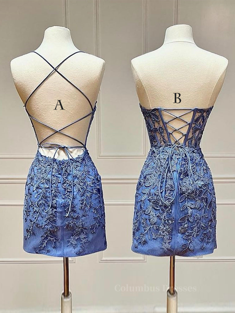 Prom Dresses Cheap, Blue Lace Short Prom Dress, Blue Homecoming Dress